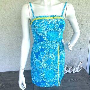 Lilly Pulitzer - Blue & White Floral Cotton Dress W/ Yellow Trim Sz 4